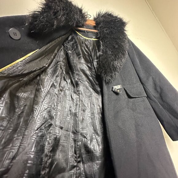 Ivanka Trump Peacoat Jacket Women 12 Black Outerwear Faux Fur Trim Belted Wool - Picture 5 of 16